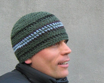 men's hemp beanie, avocado blue crochet skull cap, made to order