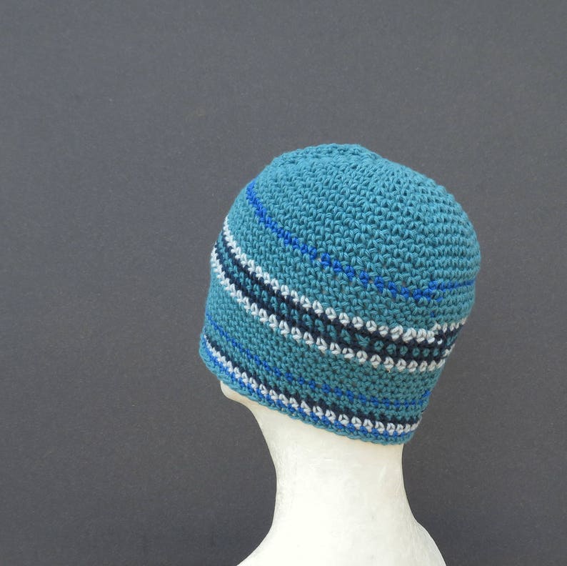 men's summer beanie, ocean blue cotton linen skull cap, crochet beanie image 4