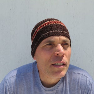 men's summer beanie, espresso brown cotton linen hat, crochet striped skull cap