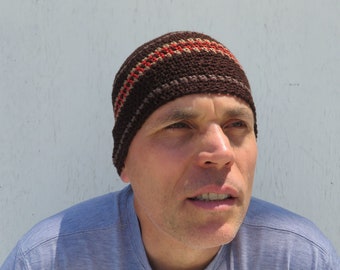 men's summer beanie, espresso brown cotton linen hat, crochet striped skull cap