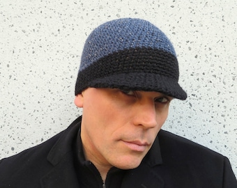 men's visor beanie, blue tweed black wool winter hat, crochet brimmed beanie, made to order