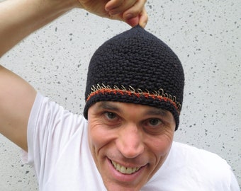 men's cotton hemp beanie, simply black rust crochet skull cap