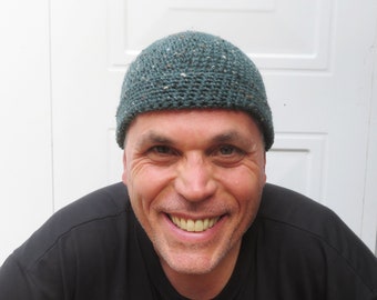 men's docker cap, jade green tweed wool dock beanie, crochet watch cap