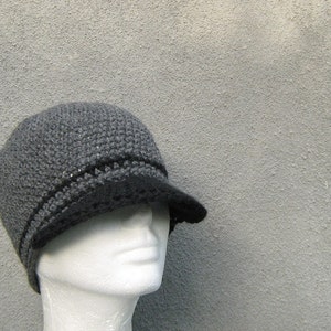 men's visor beanie, stormy gray wool cap, crochet winter hat, made to order image 5