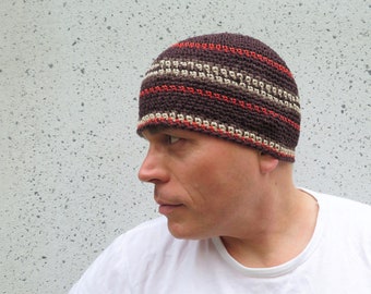 men's hemp beanie, dark chocolate brown stripe skull cap, crochet hemp hat