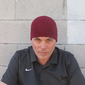 men&#39;s summer beanie, deep burgundy cotton linen hat, crochet lightweight skull cap