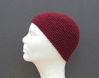 men&#39;s cotton kufi: extra short crochet cap, deep burgundy hat