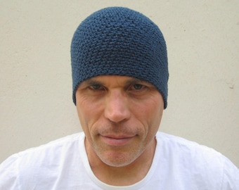 men's summer beanie, crochet cotton linen hat, deep blue skull cap