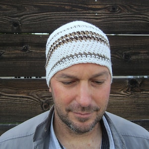 men&#39;s summer beanie, cream cotton linen hat, crochet lightweight beanie