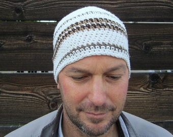 men's summer beanie, cream cotton linen hat, crochet lightweight beanie