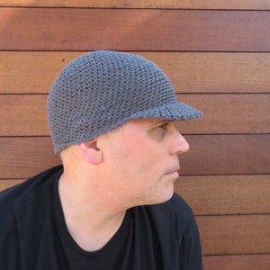 men's summer visor beanie, slate gray cotton linen hat, crochet brimmed cap, made to order image 2