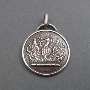 Phoenix Pendant Silver, Antique Button Pendant, Rise Up Pendant, Rebirth Necklace, From the Ashes Charm, Livery Button Necklace