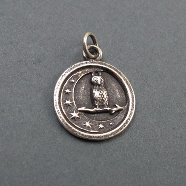 Owl and Moon Charm, Sterling Silver Owl Pendant, Owl Talisman, Owl Amulet, Seven Stars Pendant, Mini