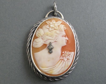 Cameo Habillé Pendant, Woman with Flower, Sterling Silver, Antique Helmet Shell Cameo, Statement Necklace