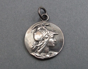 Greek Goddess Athena, Dark Academia Pendant, Antique Button, Sterling Silver Amulet Jewelry, Mythology Talisman