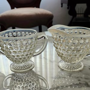 Anchor Hocking Vintage Moonstone Hobnail Creamer and Sugar Bowl