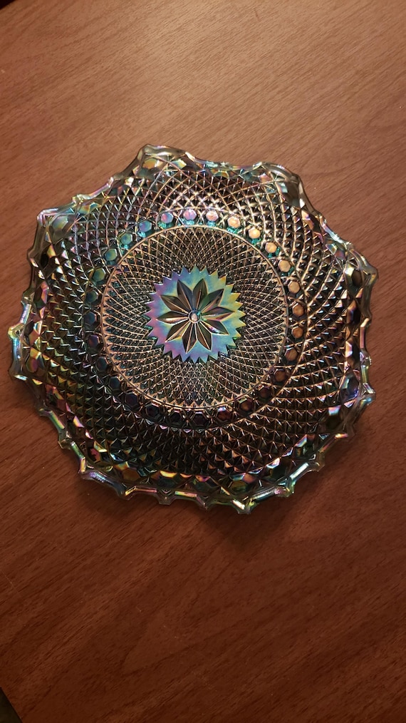 Carnival Glass Serving Plate. Iridescent Purple, gold, silver, teal.