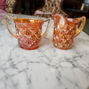 Imperial Marigold Karneval Glas Zuckerdose und Milchkännchen Diamant Block Design