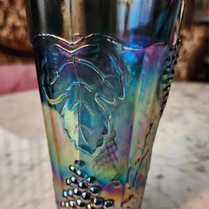 Indiana Blue Iridescent Carnival 14 oz Beverage Glasses; Grape Cluster and leaf raised design&quot;Harvest Grape Pattern&quot; set of three