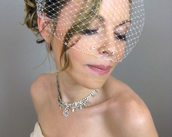 Weddings Bridal Accessories Crystals Touching Birdcage Veil (Free U.S. Shipping) - blusher veil, ivory, white, black, red