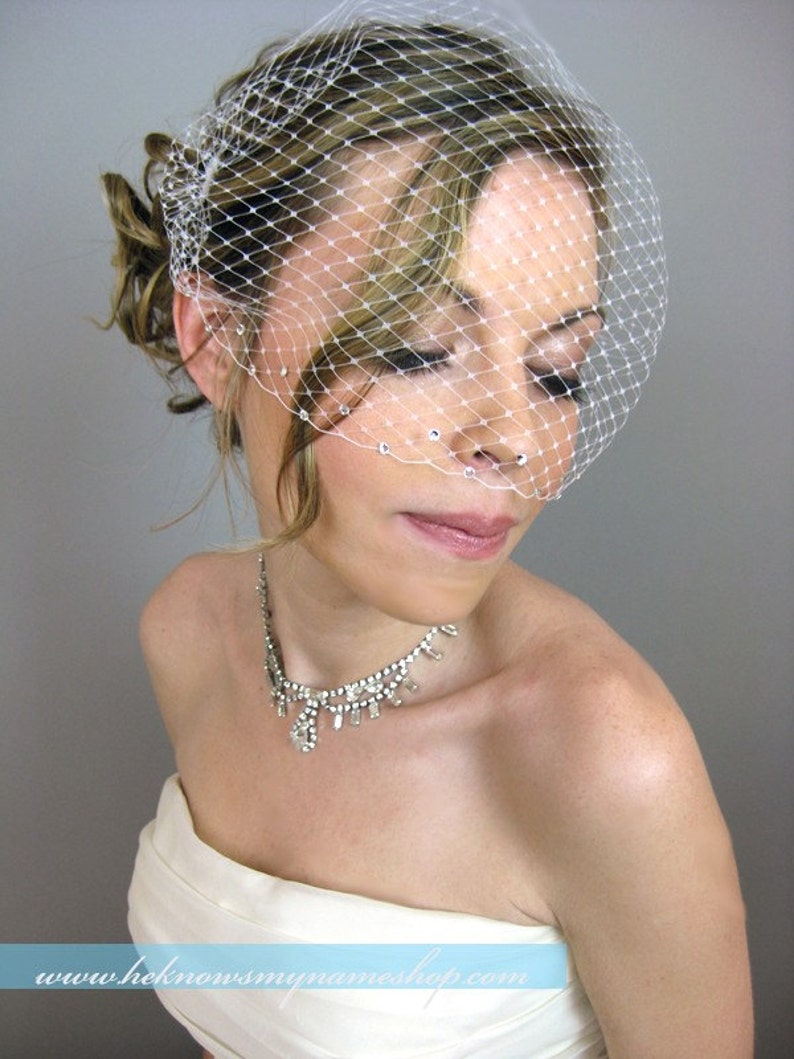 Weddings Bridal Accessories Crystals Touching Birdcage Veil Free U.S. Shipping blusher veil, ivory, white, black, red image 1