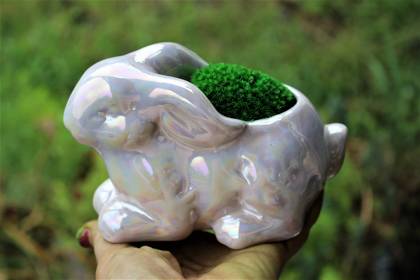 Stoneware Rabbit-pearlized Rabbit With Pillow Moss-preserved - Etsy