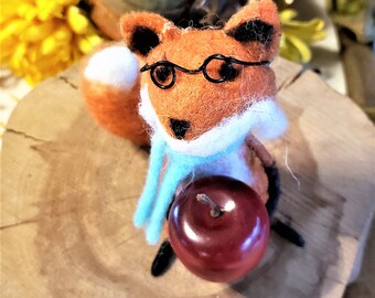 Felted Fox-Bendable felt fox with glasses, blue scarf & Red apple-Fox decoration-Styrofoam Red apple with felted fox