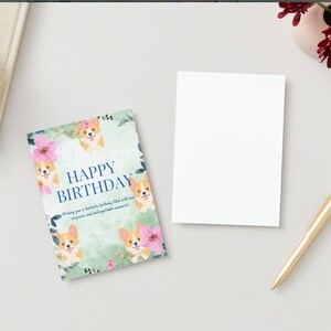 Geburtstagskarte zum Ausdrucken elegant. Druckbare alles Gute zum Geburtstag Karte. Corgis.