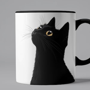 黒猫のツートンコーヒーマグ、黄色い目のミニマリスト猫デザイン、猫好きへのギフト、猫好き女性マグ、猫の飼い主マグ、ハロウィンマグ、11オンスマグ