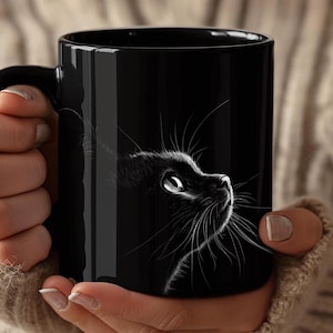 Black Mug, Minimalistic Black Cat Design, Dark Coffee Cup, Cat Lover Gift, Unique Tea Mug, Animal Theme Kitchen Decor