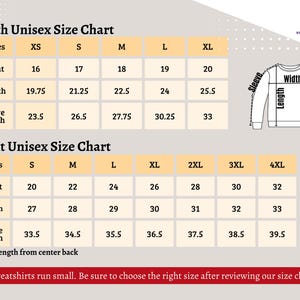 Pode incluir: Tabela de tamanhos unissex para sweatshirts para jovens e adultos em polegadas. A tabela mostra as medidas de largura, comprimento e comprimento da manga para os tamanhos XS a 4XL.