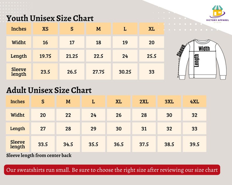 Pode incluir: Tabela de tamanhos unissex para sweatshirts para jovens e adultos em polegadas. A tabela mostra as medidas de largura, comprimento e comprimento da manga para os tamanhos XS a 4XL.