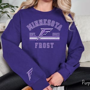 Pode incluir: Camisola roxa com um design gr&aacute;fico branco e roxo. O gr&aacute;fico apresenta um raio com o texto "Minnesota Frost Est. 2023".