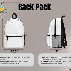 May include: White backpack with black accents, measuring 17 inches high, 12.5 inches wide, and 5 inches deep. Features include a zipper closure, multiple compartments, and padded back. The text "Back Pack" is displayed.