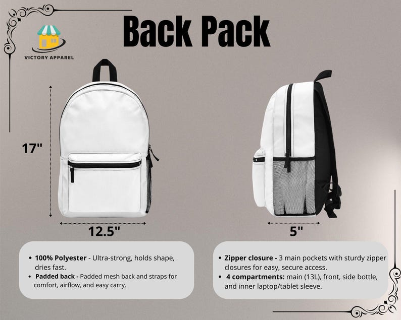 May include: White backpack with black accents, measuring 17 inches high, 12.5 inches wide, and 5 inches deep. Features include a zipper closure, multiple compartments, and padded back. The text "Back Pack" is displayed.
