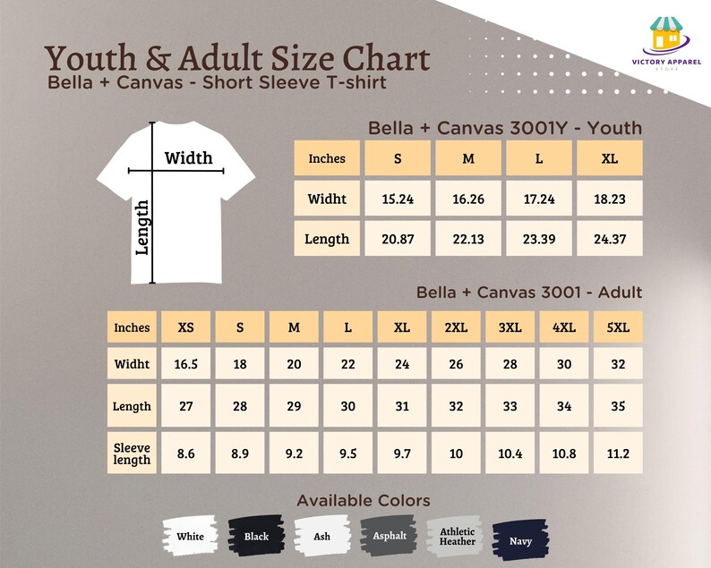 May include: Size chart for Bella + Canvas 3001Y youth and 3001 adult short sleeve t-shirts. The chart shows measurements in inches for width, length, and sleeve length. Available colors include white, black, ash, asphalt, athletic heather, and navy.