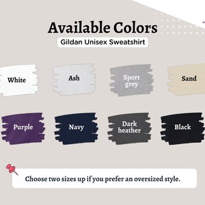 Pode incluir: Carta de cores que mostra as cores dispon&iacute;veis para uma camisola unisex Gildan. As cores incluem branco, cinza, cinza desportivo, areia, roxo, azul marinho, cinza escuro mesclado e preto.