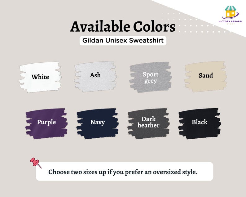 Pode incluir: Carta de cores que mostra as cores dispon&iacute;veis para uma camisola unisex Gildan. As cores incluem branco, cinza, cinza desportivo, areia, roxo, azul marinho, cinza escuro mesclado e preto.
