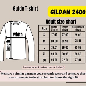 May include: A size chart for Gildan 2400 adult t-shirts. The chart shows the width, length, and sleeve length in inches for sizes S, M, L, XL, and 2XL.
