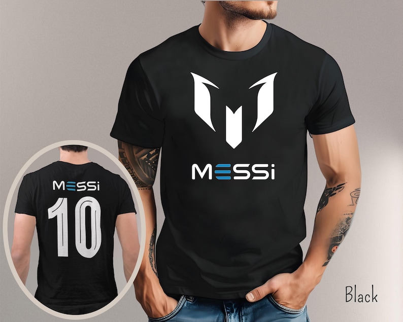 May include: Black t-shirt with a white "M" logo and the word "MESSI" printed below. The back of the shirt has a white number "10" and the word "MESSI" printed above it.