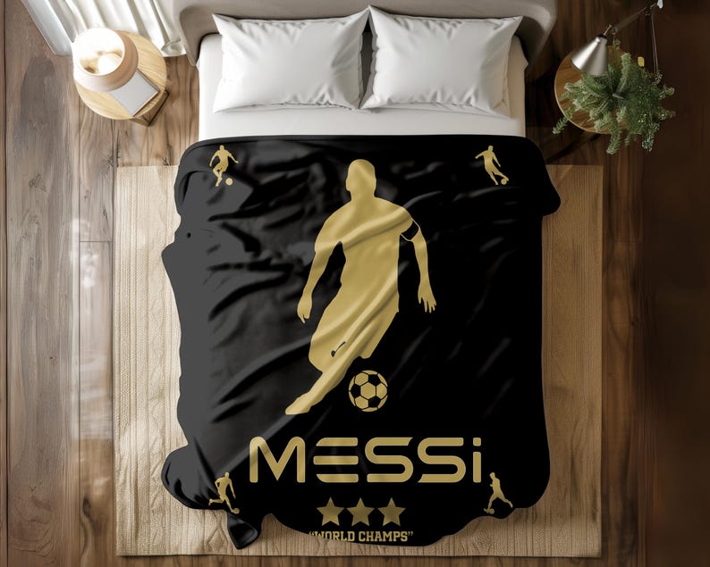 Messi Soccer Blanket: Plush Throw for Soccer Fans Black- Golden Design
