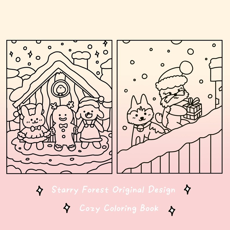 Peut inclure: Une page de coloriage en noir et blanc repr&eacute;sentant une sc&egrave;ne d'hiver avec une maison en pain d'&eacute;pices, un lapin, un bonhomme de neige, un chien et un loup. Le texte "Starry Forest Original Design Cozy Coloring Book" est en bas de la page.