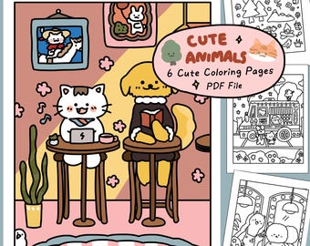 Cute Animal Cozy Coloring Book by Starry Forest, 6 Kawaii Cozy coloring pages for kids adults, Printable Instant Digital Download, bold easy