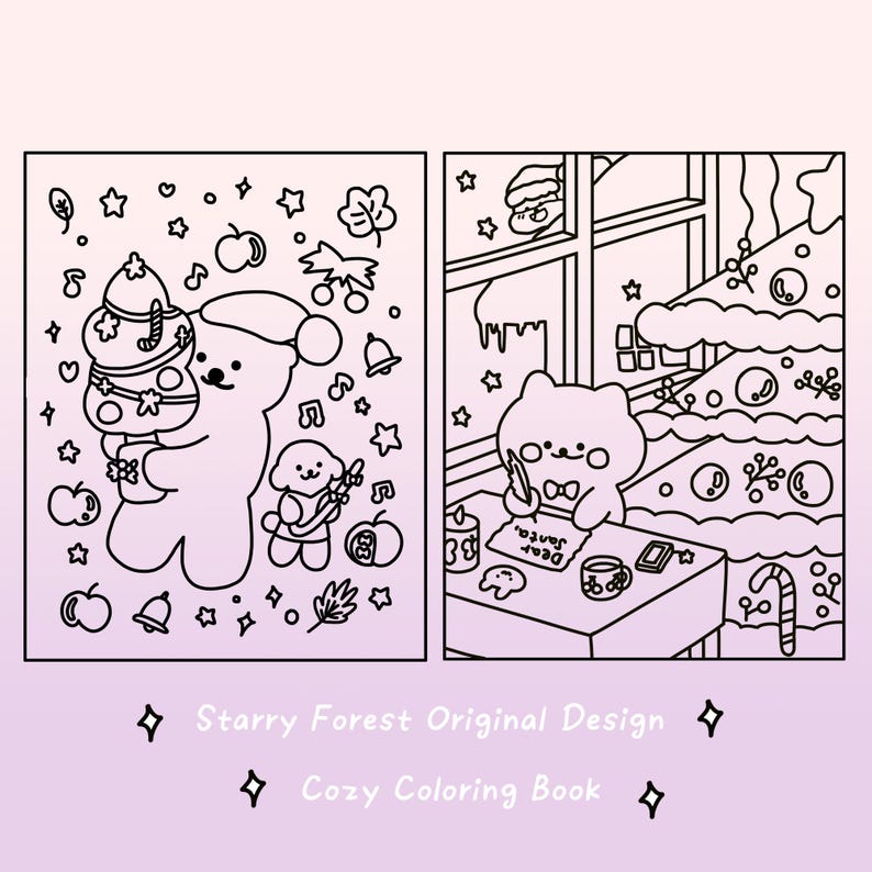 Peut inclure: Un livre de coloriage en noir et blanc avec deux illustrations d'ours c&eacute;l&eacute;brant No&euml;l. La premi&egrave;re illustration montre un ours tenant un sapin de No&euml;l d&eacute;cor&eacute;. La deuxi&egrave;me illustration montre un ours &eacute;crivant une lettre au P&egrave;re No&euml;l.