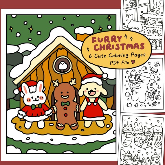 Christmas Coloring Pages by Starry Forest, 6 Kawaii Cozy Cute coloring book for kids, teens and adults, Printable Instant Digital Download