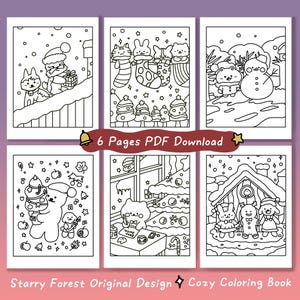 Peut inclure: Un livre de coloriage en noir et blanc avec six pages repr&eacute;sentant des sc&egrave;nes d'hiver avec des animaux. La couverture montre une for&ecirc;t enneig&eacute;e avec une maison et un bonhomme de neige. Le titre du livre est "Starry Forest Original Design Cozy Coloring Book".