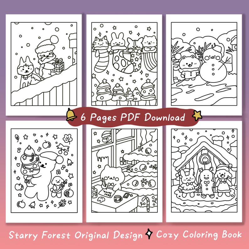 Peut inclure: Un livre de coloriage en noir et blanc avec six pages repr&eacute;sentant des sc&egrave;nes d'hiver avec des animaux. La couverture montre une for&ecirc;t enneig&eacute;e avec une maison et un bonhomme de neige. Le titre du livre est "Starry Forest Original Design Cozy Coloring Book".