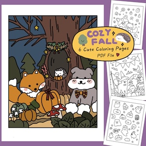 Fall Halloween Coloring Pages by Starry Forest, 6 Kawaii Cozy Cute Animals coloring book for kids adults, Printable Instant Digital Download