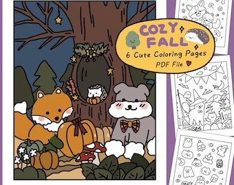 Fall Halloween Coloring Pages by Starry Forest, 6 Kawaii Cozy Cute Animals coloring book for kids adults, Printable Instant Digital Download