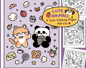 Urocze kolorowanki ze zwierzętami autorstwa Starry Forest, 6 przytulnych kolorowanek Kawaii dla dzieci i dorosłych, do wydrukowania i natychmiastowego pobrania w wersji cyfrowej
